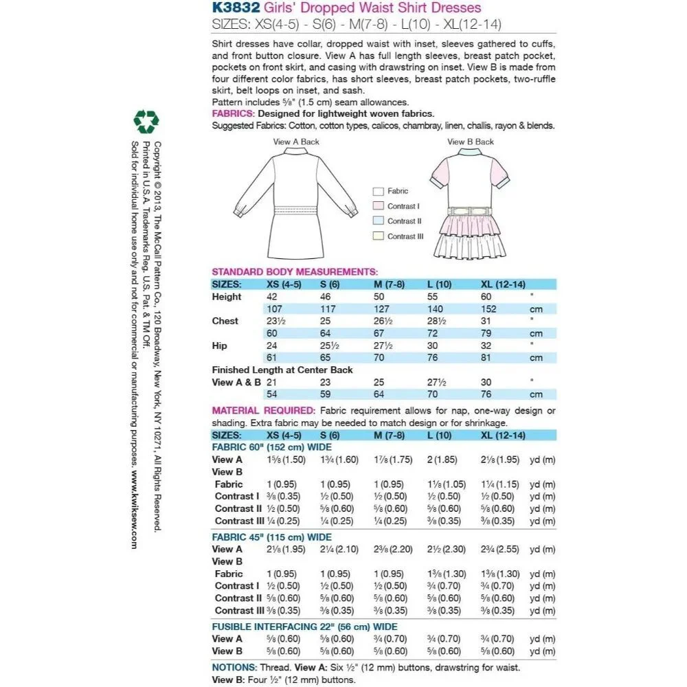 Kwik Sew Girls Dropped Waist Shirt‎ Dresses Sewing Pattern XS-XL
